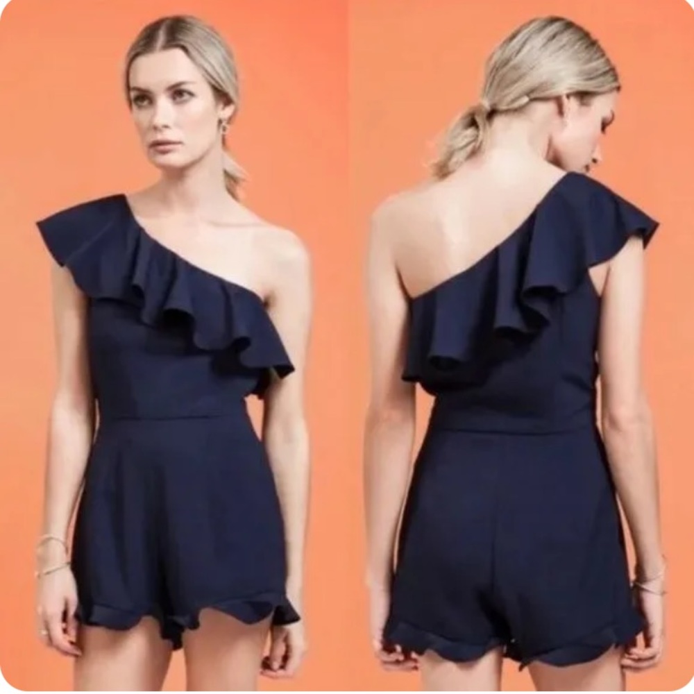 NWT J.O.A. One Shoulder Ruffle Romper Size XXL Women's Navy Blue Shorts